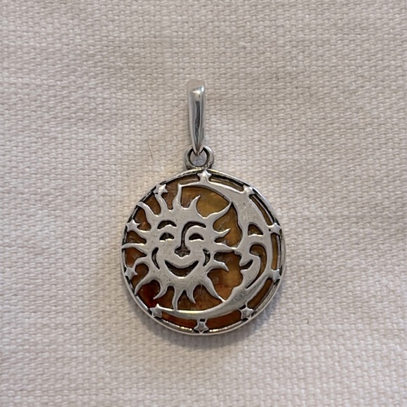 🌞🌛 Sterling Silver and Amber Sun Moon Pendant - Picture 1 of 2